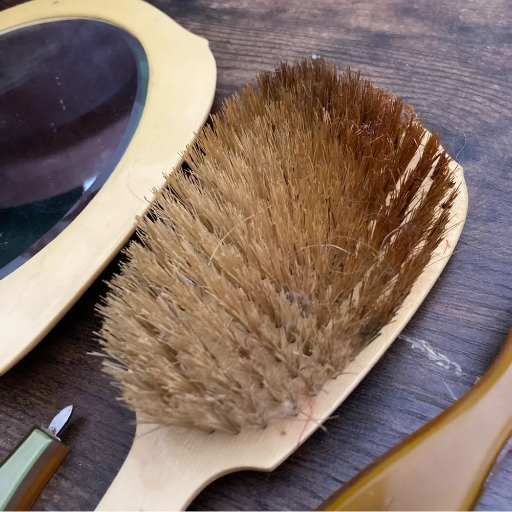 vintage 1940s Art Deco pearlized gold celluloid and Bakelite vanity/dresser set
